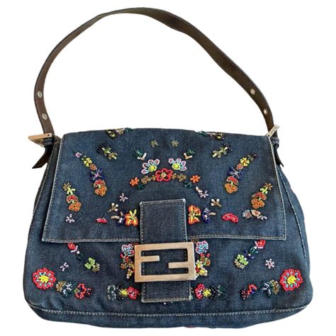 fendi 26424 mamma bucket handbag denim beads floral pattern|Fendi Denim Exterior Bags & Handbags for Women .